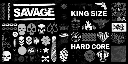 Schilderij op canvas Gritty collection of skulls weapons and text in a stark style silhouette