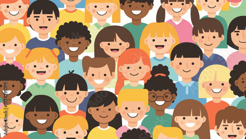 Vibrant background of diverse children faces smiling and looking forward symbolizing diversity, unity, and future.