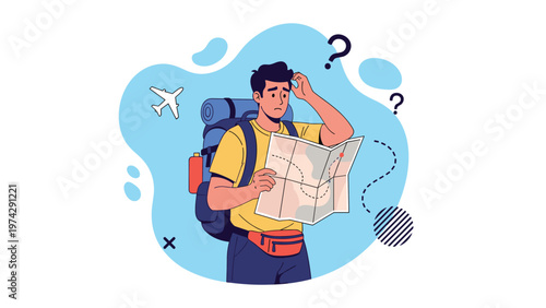 Confused male traveler with a backpack looking at a paper map while trying to find his way during a journey.