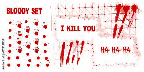 Bloody handprints text and splatters create a disturbing visual silhouette