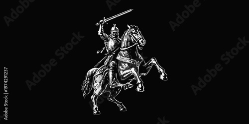 A medieval knight on horseback raises his sword dramatic silhouette