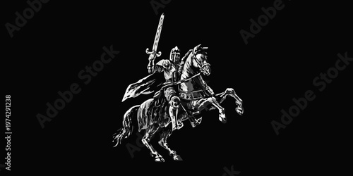 A medieval knight on horseback raises his sword a striking silhouette