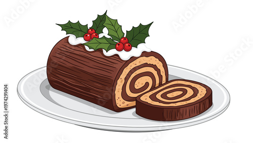 Traditional chocolate Yule log Christmas cake decorated with white frosting and holly leaves with red berries on a white plate.