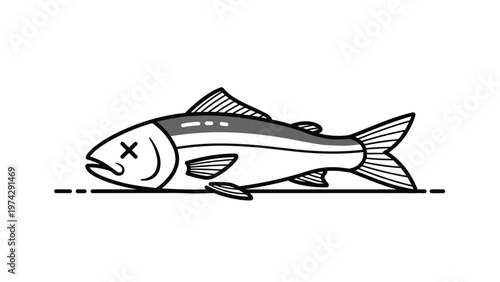 Minimalist black and white line art illustration of a dead fish with cross eyes lying flat on a simple horizontal surface.