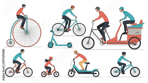 Large collection of diverse people riding different types of bicycles, scooters, and a rickshaw in a flat vector style.
