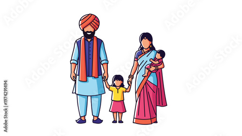 Happy Indian family with a father in a turban and mother in a sari holding their two young children while standing together.