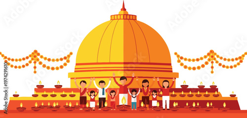 Golden buddhist stupa with people celebrating isolated on transparent background