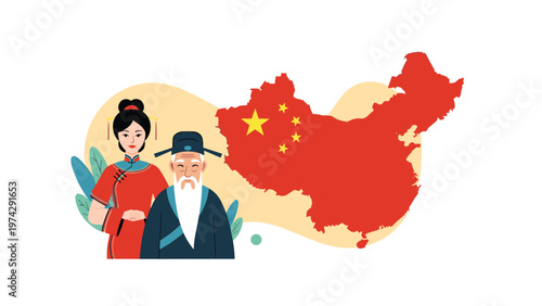 Elderly Chinese man and young woman in traditional clothing standing in front of a red map representing the country of China.