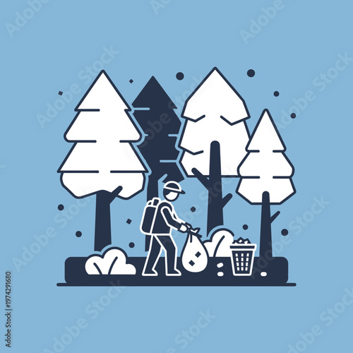 Man picking up trash in forest.