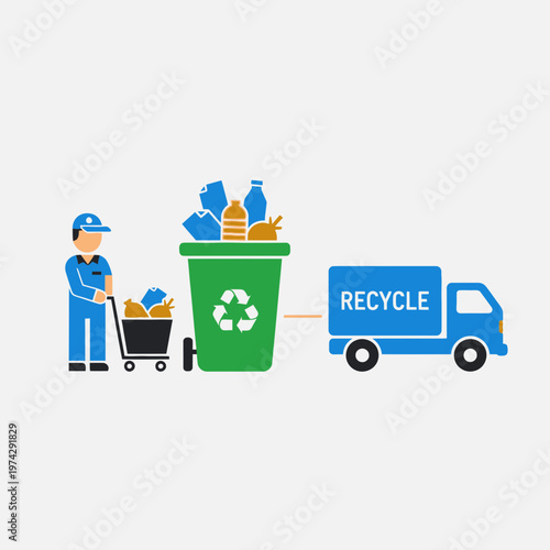 Man pushing recycling cart with truck.