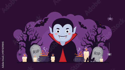 Spooky and cute Halloween scene with a friendly vampire character standing in a graveyard with bats, cauldrons, and candles.