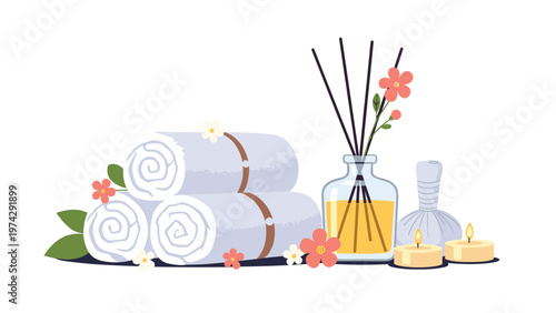 Relaxing spa treatment set with white rolled towels, a bottle of massage oil, scented candles, and aromatic incense sticks.