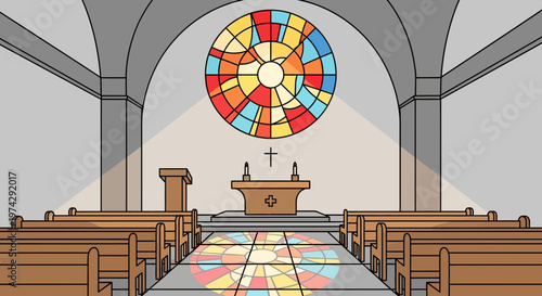Interior View of Church Altar with Stained Glass Window.