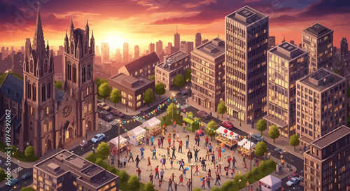 Aerial View of Urban Cityscape with Skyscrapers and Public Square.