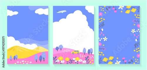 ビビッドな青空と黄色い山並みの縦型風景フレームセット　GW旅行・春イベント・販促デザイン向けベクター素材