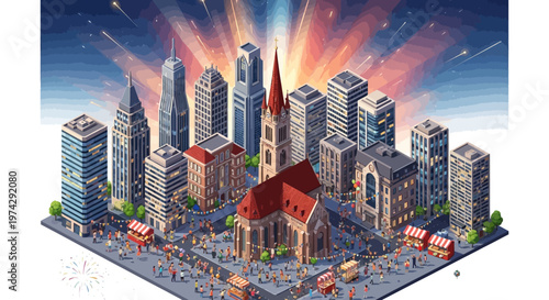 Cityscape Illustration Featuring Skyscrapers and Urban Environment.