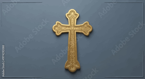 Golden Cross Religious Symbol on Blue Background.
