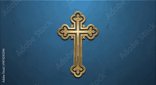 Golden Cross Symbol on Blue Background Religious Icon.