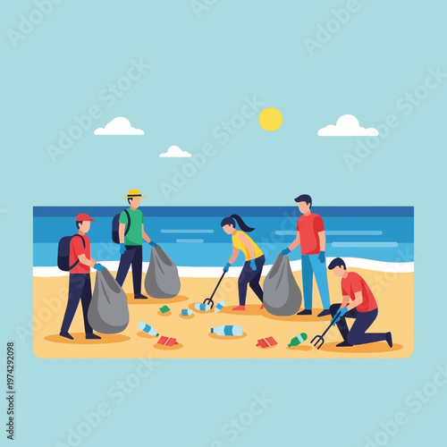 People cleaning up beach trash together.