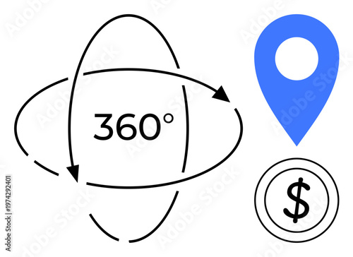 Navigation, finance, mapping, global perspective, business analysis, virtual tours. A 360-degree symbol, location pin and dollar sign. Navigation and finance concepts with clear icons