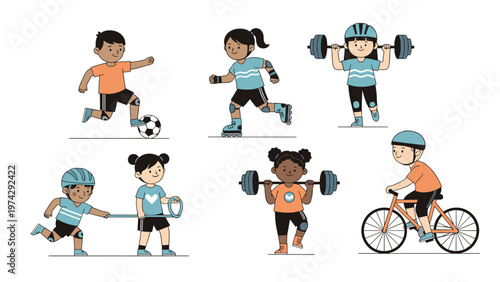Group of active children participating in various physical activities like soccer, cycling, weightlifting, and inline skating.
