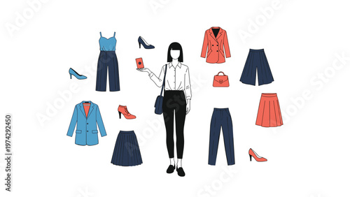 Stylish woman standing in the center surrounded by a collection of various fashion items like dresses, skirts, jackets, and shoes.