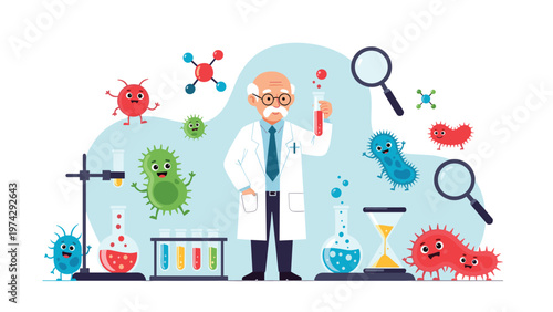 Friendly elderly scientist in a laboratory coat surrounded by giant colorful cartoon bacteria, magnifying glasses, and test tubes.