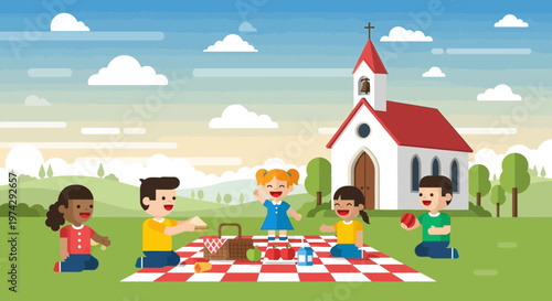 Children Playing Picnic Outdoors Near Church Building.