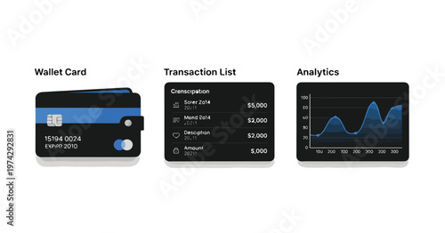 Mobile banking app interface with wallet card transaction list and analytics in dark modern design for finance