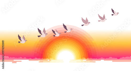 Sunset with Flying Birds Over Horizon Scene.