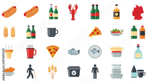 Extensive collection of flat icons representing food, beverages, and cultural symbols including beer, pizza, and regional items.