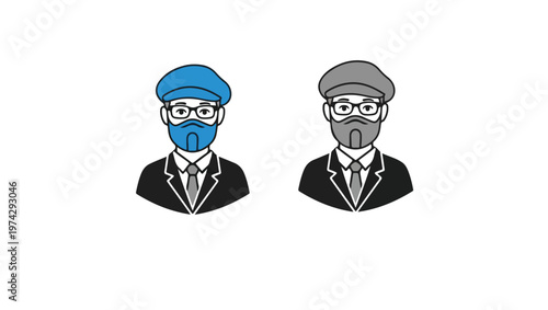 Cartoon businessmen icons in blue and gray color schemes with flat illustration for corporate branding