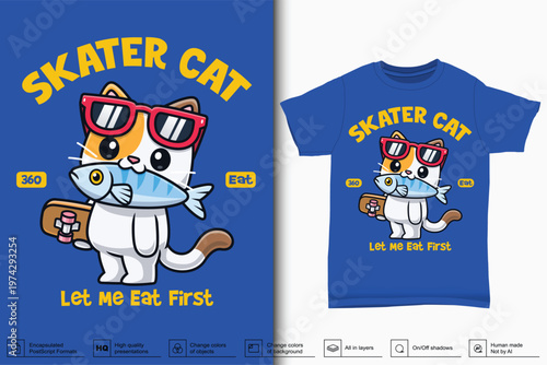 Skater Cat With Sunglasses Holding Fish and Skateboard — Kidst T-Shirt Design. Vector