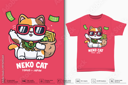 Maneki Neko Lucky Cat T-Shirt Design — Cute Cat With Money and Sunglasses. Vector