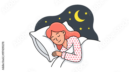Young Woman Sleeping Peacefully in Bed with Moon and Stars, Flat Vector Illustration of Good Night and Healthy Sleep Concept