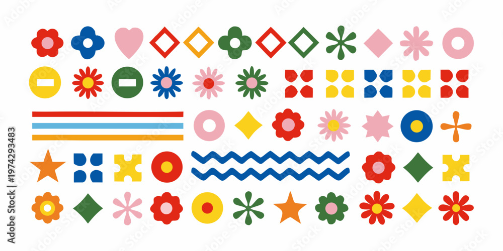Obraz premium Colorful collection of abstract geometric shapes and floral motifs