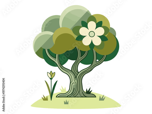 Foto Minimalist Stylized Tree Illustration with Blossom Flower in Flat Design Vector