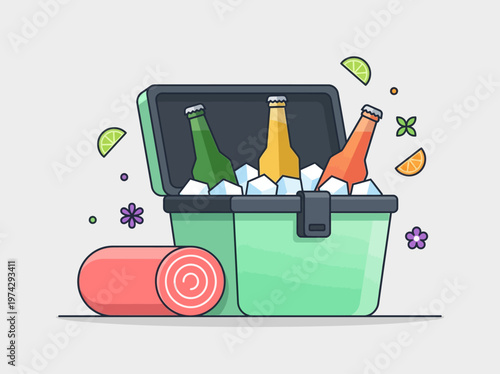 Summer Picnic Cooler with Ice and Cold Drinks Illustration, Vector Flat Design of Outdoor Refreshment Box and Blanket