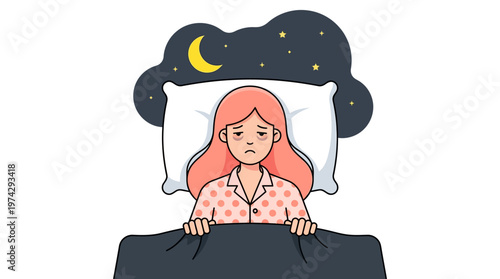 Woman Suffering from Insomnia and Sleep Deprivation Vector Illustration