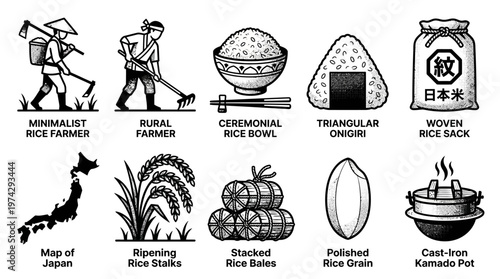 Japanese Rice Cultivation and Culture Icon Set: Minimalist Halftone Illustrations of Farmers, Onigiri, Harvest, and Traditional Agriculture Elements