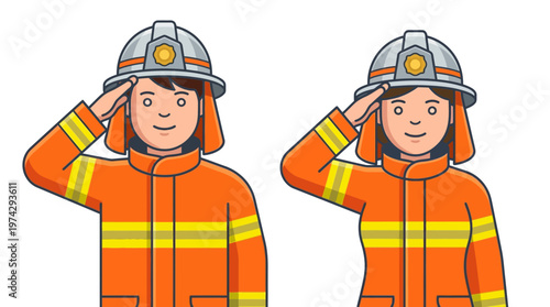 Cartoon Male and Female Firefighters in Uniform Saluting - Heroic Emergency Responders Illustration