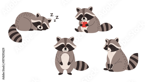 Set of four adorable cartoon raccoons engaged in various activities such as sleeping, eating an apple, and sitting on a white background.