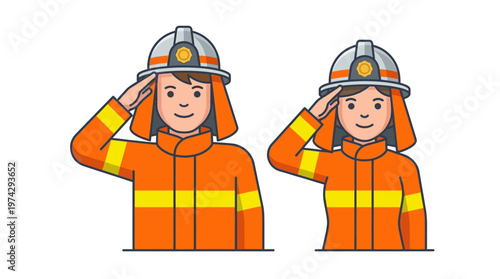 Firefighter Saluting Vector Illustration - Male and Female First Responders in Orange Uniform