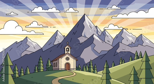 Scenic Mountain Landscape with Church and Forest.