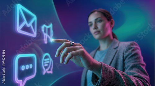 Businesswoman with smart ring touches glowing neon communication icons including email chat and message bubbles on virtual screen. Digital technology and social media interface interaction