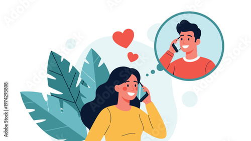 Illustration of a happy young woman talking on her smartphone with a thought bubble showing her smiling boyfriend on the other end.