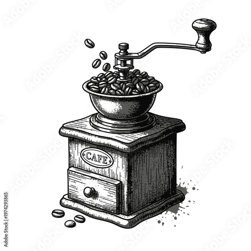 Vintage Coffee Grinder with Beans, Retro Cafe Equipment, Hand Crank Burr Mill