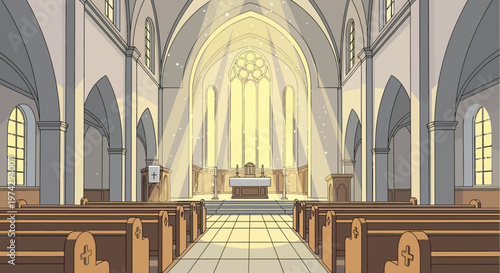 Interior View of a Sacred Church Sanctuary with Altar and Pews.