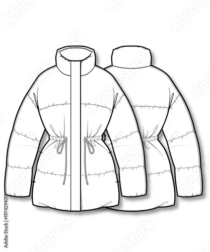 Women Drawstring Waist Puffer Jacket Flat Sketch, Quilted Down Coat Technical Drawing Front Back, Minimal Line Art Vector