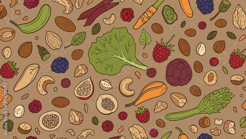 Seamless pattern background filled with various hand-drawn nuts, seeds, berries, and healthy leafy vegetables on a warm brown base.